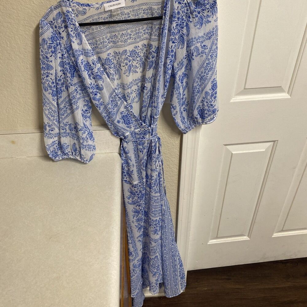 Calvin Klein Sheer Wrap Dress Womens 8 Coastal Cottage Boho Beach Coverup Travel